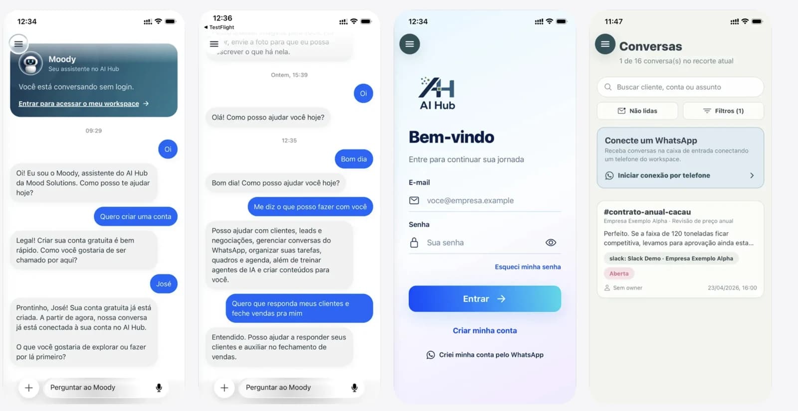 Quatro telas do AI Hub mobile com boas-vindas, conversa com o assistente, acesso à conta e conversas.